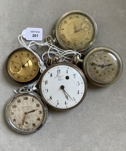 null Five metal pocket watches, enameled dials with Arabic numerals.
(Accidents and...