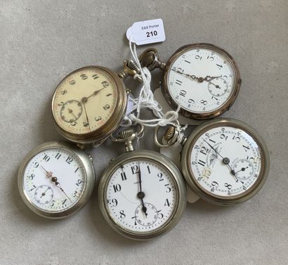 Five metal pocket watches, white enamel dials...