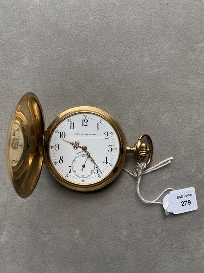 null Yellow gold monogrammed pendant wind-up pocket watch, white enamel dial, Arabic...