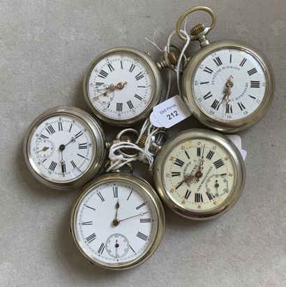 Five metal pocket watches with pendant winding,...
