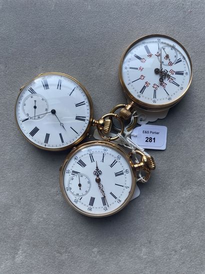 null Three engraved yellow gold pocket watches with pendant winding, white enamel...