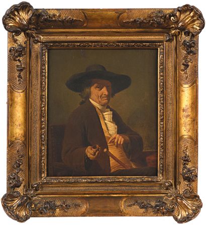 null ÉCOLE FRANÇAISE du XIXe siècle
Portrait d'homme au chapeau
Huile sur panneau.
23...