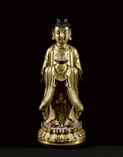 null CHINA - Ming Dynasty (1368-1644)
Large gilded bronze statue of Longnü (acolyte...