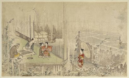 null Suzuki Harunobu (1725-1770)
- Chuban yoko-e, Deux amants assis près d'une horloge,...
