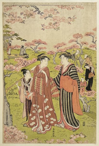 null Katsukawa Shuncho (act. 1780-1801)
Triptyque oban tate-e, Admirer les cerisiers...