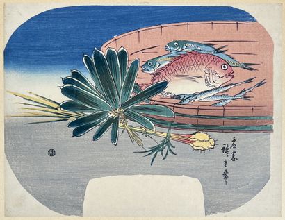 null Utagawa Hiroshige (1797-1858)
Uchiwa-e, daurade, orphie et autres poissons dans...