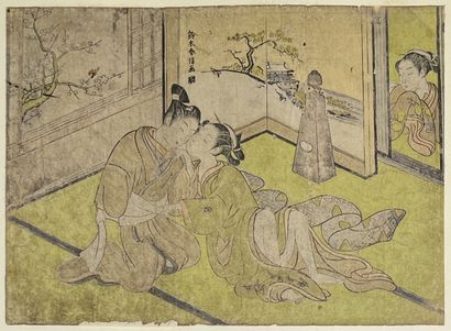 null Suzuki Harunobu (1725-1770)
- Chuban yoko-e, Deux amants assis près d'une horloge,...