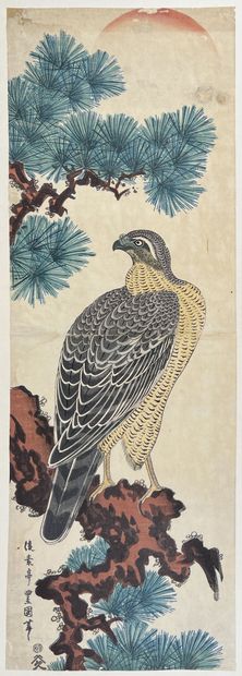 null Utagawa Toyokuni II (1777-1835)
Double oban tate-e, faucon perché sur une branche...