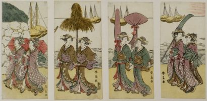 null Katsukawa Shunsen (act.1805-1821)
Dodécaptyque koban tate-e, Procession de geisha...