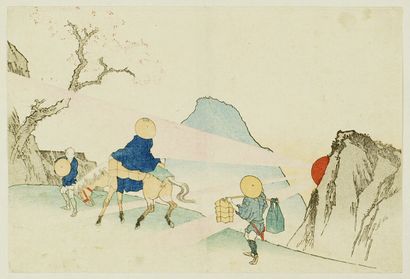 null École de Hokusai, XIXe siècle
Double page d'album, Voyageurs à cheval et à pied...