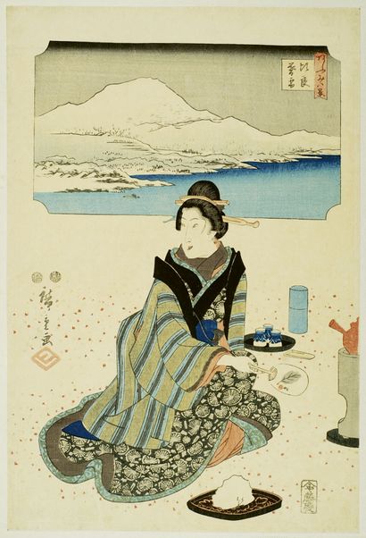 null Utagawa Hiroshige (1797-1858)
Two oban tate-e from the series, Omi hakkei, the...