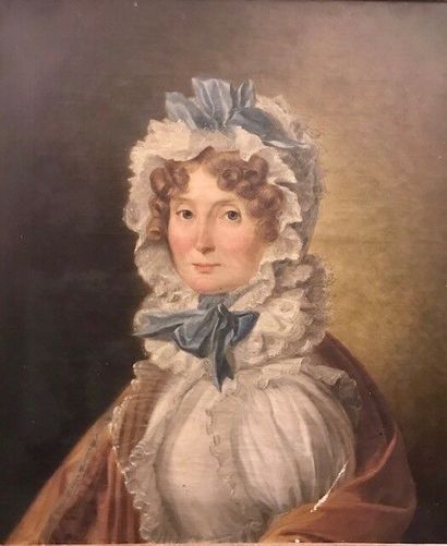 null "Portrait de femme au foulard bleu et sa coiffe de dentelle"
Huile sur toile...