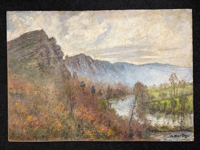 null André HARDY (1887-1986) 
« Paysage animé d'une rivière sous les montagnes »
Huile...