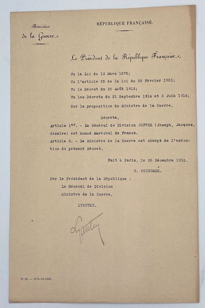 null 1916, Joffre Maréchal de France, file of elevation to the dignity of Maréchal...
