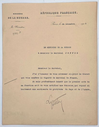 null 1916, Joffre Maréchal de France, dossier d'élévation à la dignité de Maréchal...