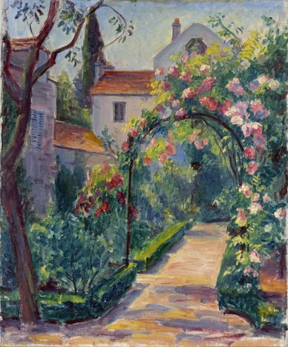 null Jeanne BAUDOT (1877-1957)
L'allée du jardin aux roses
Huile sur toile.
55 x...