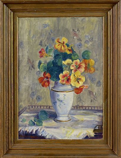 null Jeanne BAUDOT (1877-1957)
Bouquet de capucines au vase blanc
Huile sur toile,...