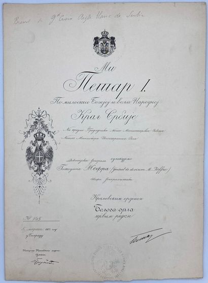 null Serbia, two diplomas and a sash: order of the White Eagle, grand cross, printed...