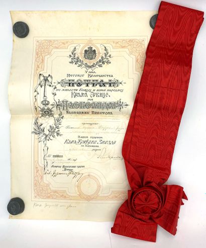 null Serbia, two diplomas and a sash: order of the White Eagle, grand cross, printed...