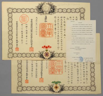 null Japon, deux diplômes : ordre du Trésor sacré, grand-croix, imprimé sur papier...