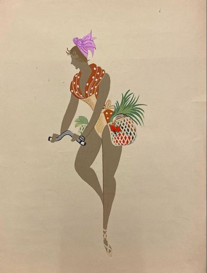 null ROMAIN DE TIRTOFF dit ERTÉ (1892-1990) 
Les Halles - Cycliste, étude de costume
Gouache,...