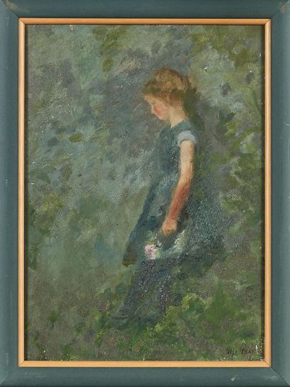 null Alys PRAT (1886-1924)
Petite Gaby à la rose
Huile, signée en bas à droite.
(Écaillures).
32...
