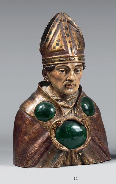 Buste reliquaire d'évêque en bois polychrome...