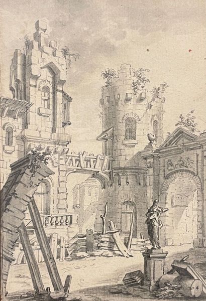 null Ecole française fin XVIIIe ?
Cour de château en ruine avec statue
Lavis d'encre...