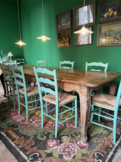 SET OF NINE PAINTED CHAIRS in green lacquered...