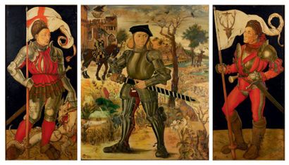 Claude FORMEAU Triptyque gravé et peint d'un chevalier en cuirasse dans un paysage...