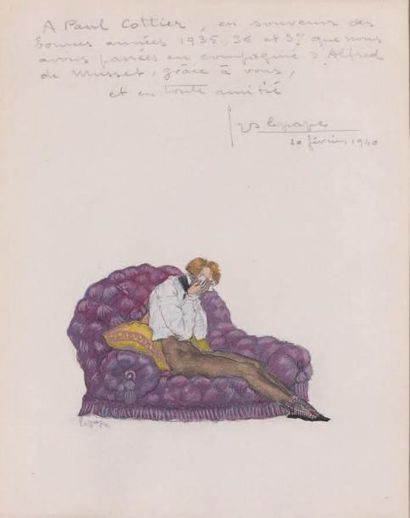 Georges LEPAPE (1887-1971) Tristesse, 1940 Gouache, signée, datée et dédicacée dans...