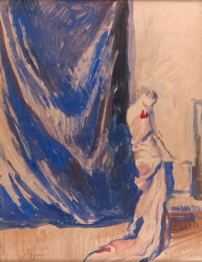 Étienne DRIAN (1885-1961) Élégante au rideau bleu Gouache, signée et dédicacée en...