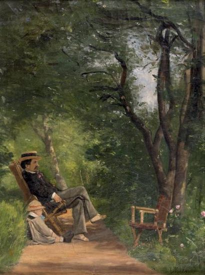 A. MARX Au jardin, 1876 Huile sur toile, signée et datée 76 en bas à droite. (Écaillures)....