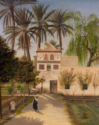 Dr BAUDOUIN La koubba du marabout Tedjini à Laghouat, 1883 Huile sur toile, signée...