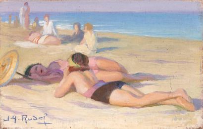 Jean Aristide RUDEL (1884-1959) Sur la plage Huile sur panneau, signée en bas à gauche....