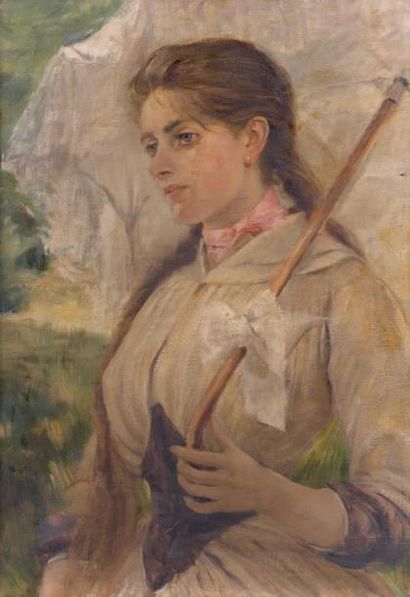 ÉCOLE MODERNE Femme à l'ombrelle Huile sur toile. (Accidents). 65 x 46 cm