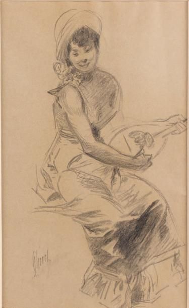 Jules CHÉRET (1836-1932) Femme à la mandoline Dessin au fusain, signé vers le bas...