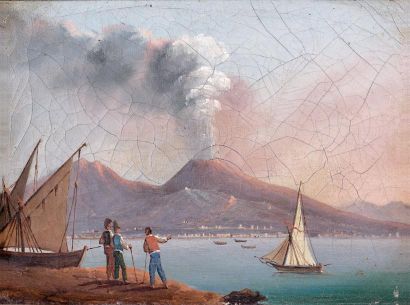 ÉCOLE ITALIENNE du XIXe siècle La baie de Naples et le Vésuve Huile sur toile. 16...