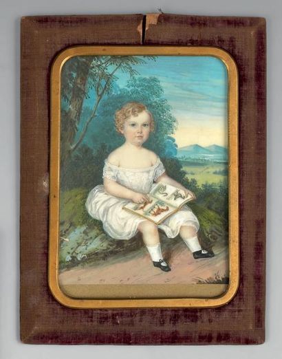 ÉCOLE FRANÇAISE du XIXe siècle Portrait d'enfant au livre (Herbert Grans ?) Miniature....