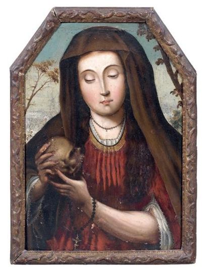 ÉCOLE FLAMANDE du XVIIe siècle Sainte Madeleine Huile sur panneau, à pans coupés....