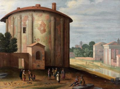 Attribué à Willem VAN NIEULANDT (1584-1636) Le temple de Vesta à Rome Huile sur panneau...