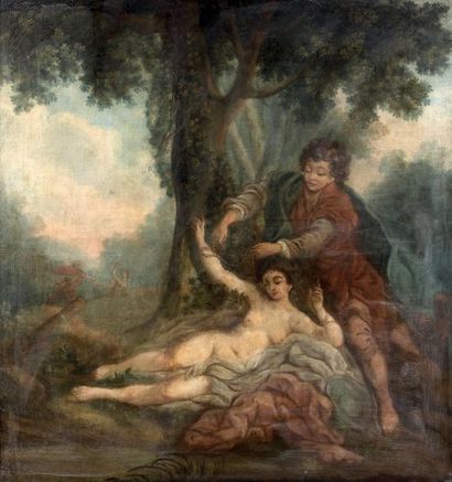 ÉCOLE FRANÇAISE du XVIIIe siècle Jeune couple dans un paysage Huile sur toile, rentoilée....