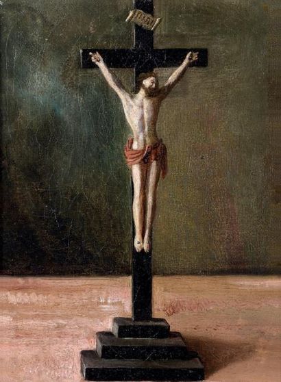 ÉCOLE FRANÇAISE vers 1830 Crucifixion Huile sur toile. 21,5 x 16 cm
