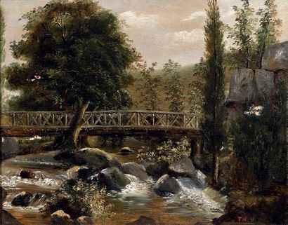 ÉCOLE FRANÇAISE vers 1830 Pont de bois sur un cours d'eau Huile sur toile. Monogramme...