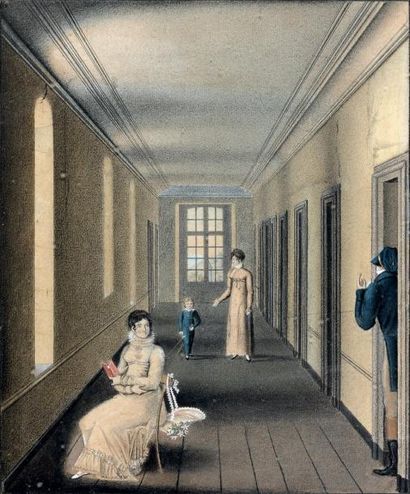 ÉCOLE FRANÇAISE du début du XIXe siècle Portrait de famille dans un corridor Fusain,...