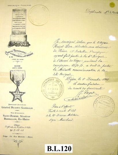 null 4E BRIGADE DE L'ARMÉE DES VOSGES, duplicata du diplôme de 1871 en partie imprimé...