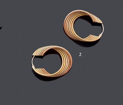 Pair of three-tone 750 thousandths gold earrings,...