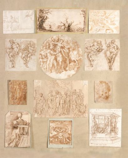 ÉCOLE ITALIENNE des XVIe, XVIIe et XIXe siècles Ensemble de douze dessins sur un...