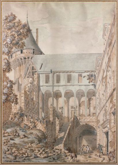 École FRANÇAISE du XVIIIe siècle La rixe dans un château en ruine Plume, aquarelle....