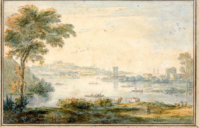 Jean-Baptiste CHATELAIN (vers 1710 - vers 1771) Paysage fluvial Aquarelle. 13 x 20...